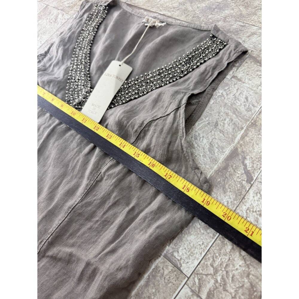 Lina Tomei Italy 100% Linen  Women Dress L Gray Beaded Sleeveless Shift V Neck - Picture 10 of 14